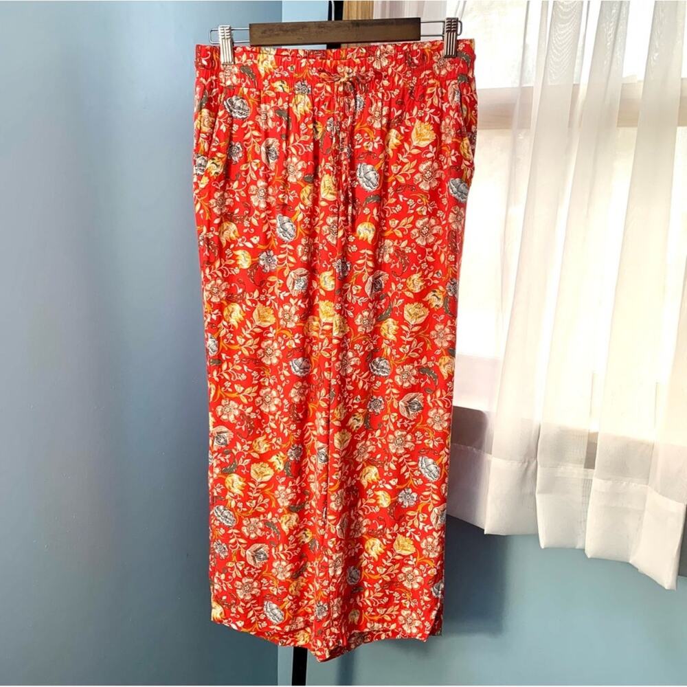 LOFT Red Floral Wide Leg Drawstring Pants - Picture 2 of 6